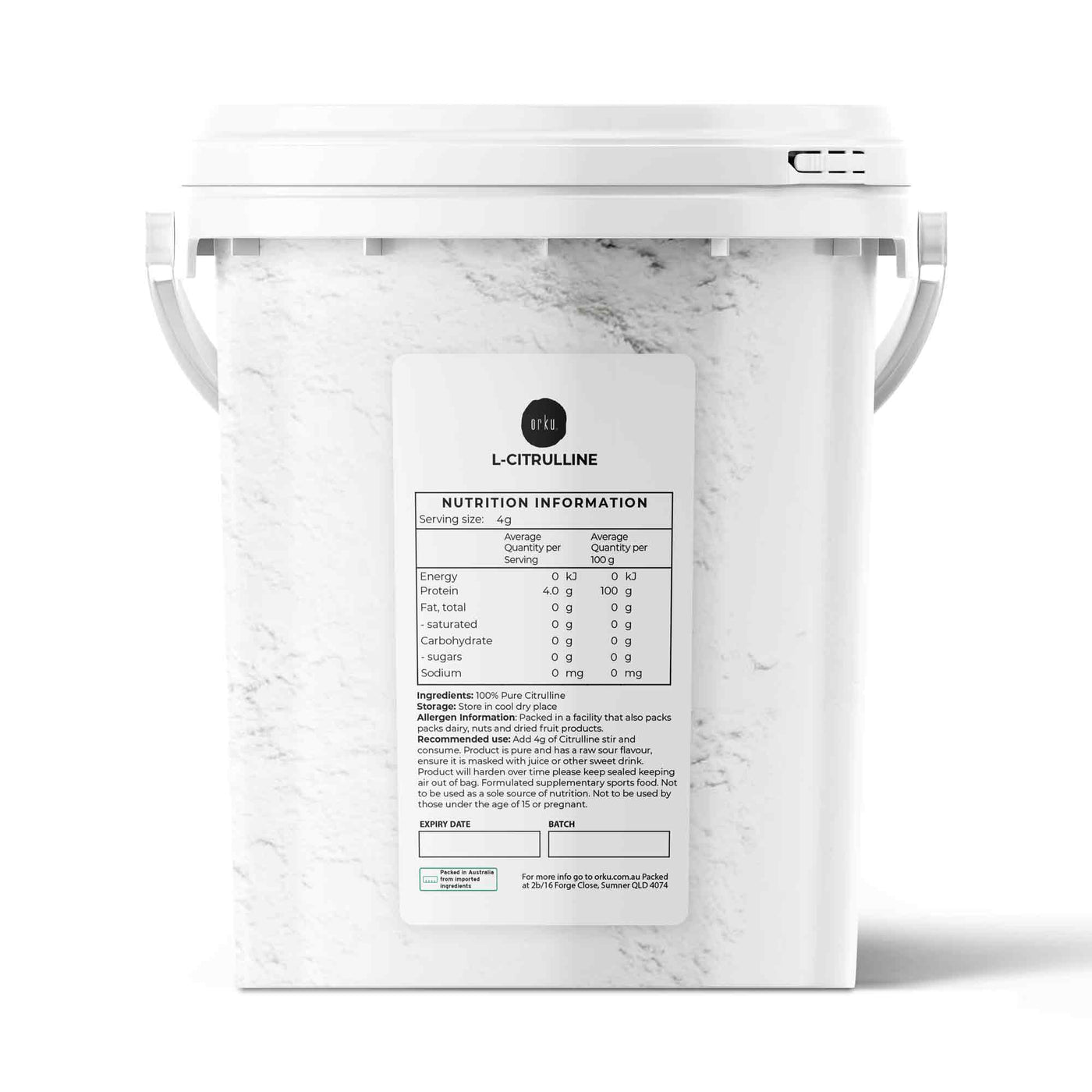 Orku 600g L-Citrulline Powder Bucket - Pure Amino Acid Pre-Workout Supplement