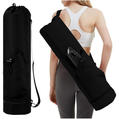 Black Durable Yoga Mat Carry Bag â€“ Multi-Functional Fitness Backpack with Wet Pocket(Mugs are filming props, not included)