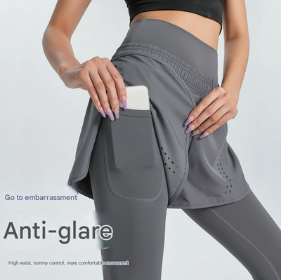 XXXXL Grey Women's High-Waist Athletic Skort with Built-In Shorts - Breathable Quick-Dry Running Skirt with Phone Pocket